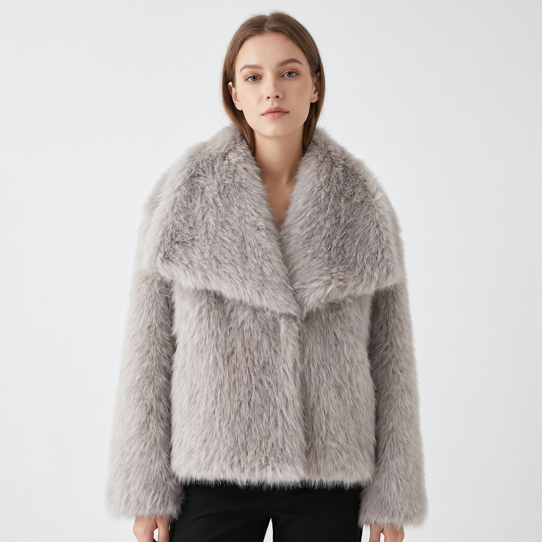 Women's Faux Fur Short Coat Oversized Collar Cropped Fluffy Jacket Winter Outerwear