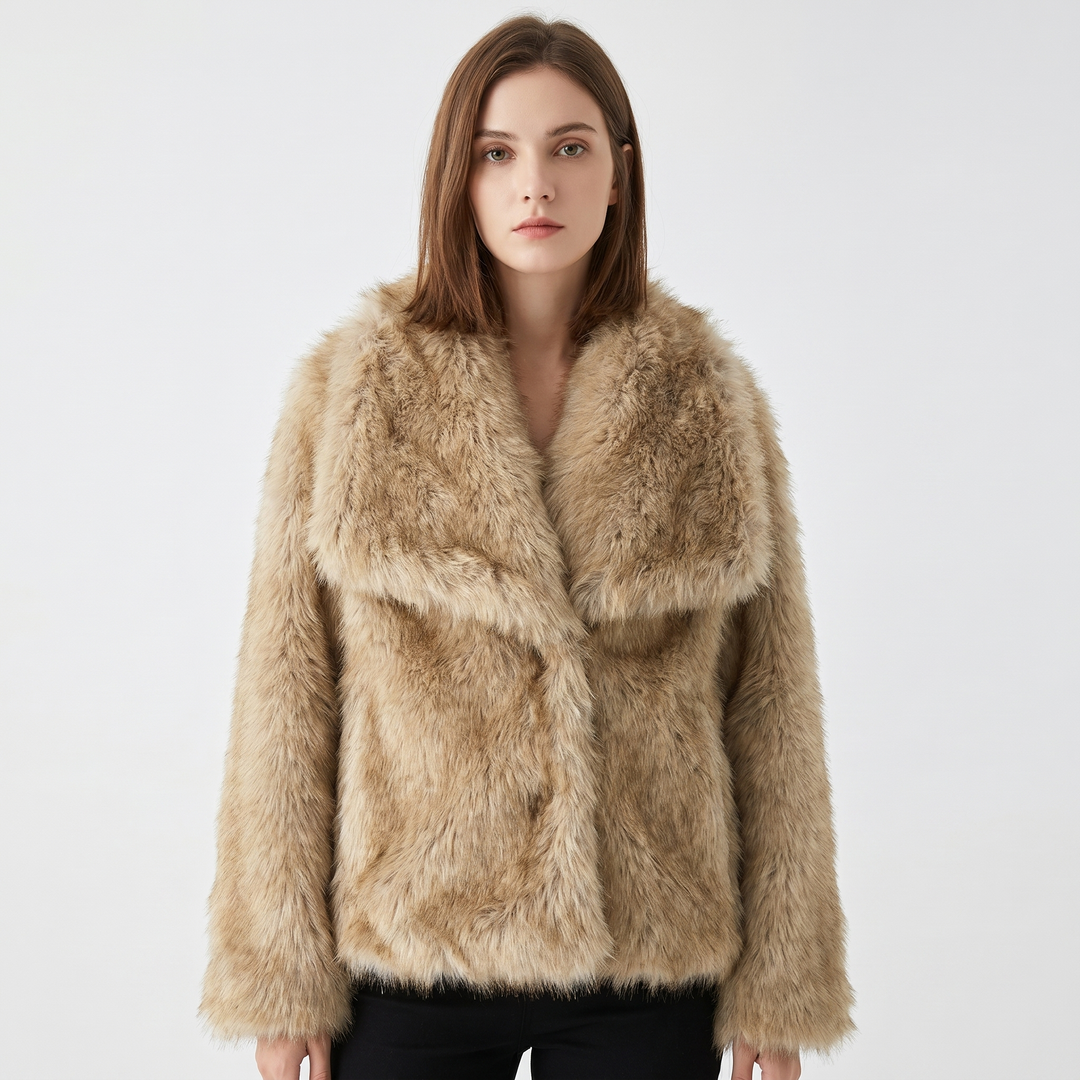 Women's Faux Fur Short Coat Oversized Collar Cropped Fluffy Jacket Winter Outerwear