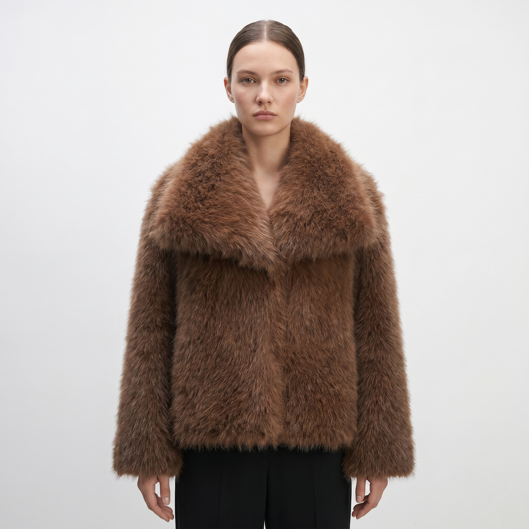 Women's Faux Fur Short Coat Oversized Collar Cropped Fluffy Jacket Winter Outerwear