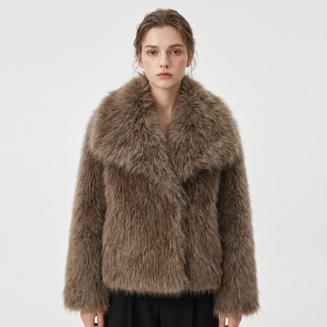 Women's Faux Fur Short Coat Oversized Collar Cropped Fluffy Jacket Winter Outerwear