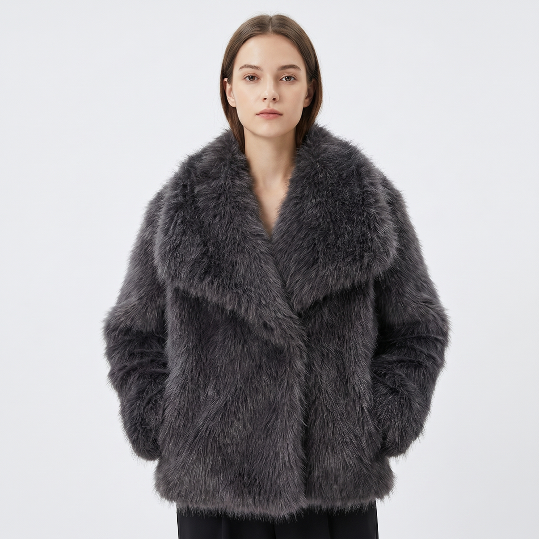 Women's Faux Fur Short Coat Oversized Collar Cropped Fluffy Jacket Winter Outerwear