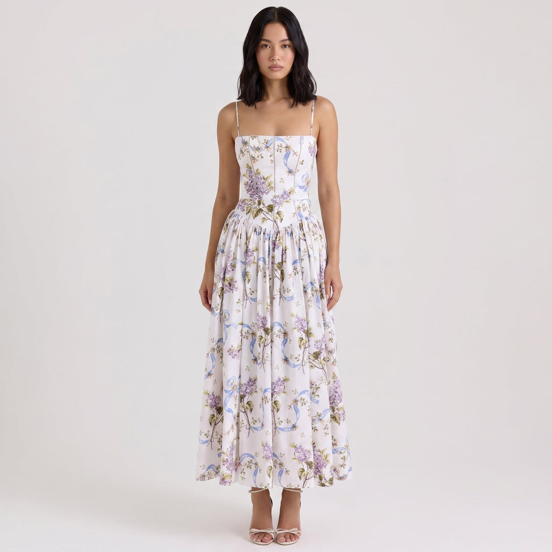 Women's Floral Print Corset Bodice Maxi Dress Spaghetti Strap Full Skirt Garden Party