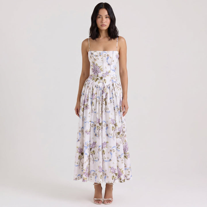 Women's Floral Print Corset Bodice Maxi Dress Spaghetti Strap Full Skirt Garden Party