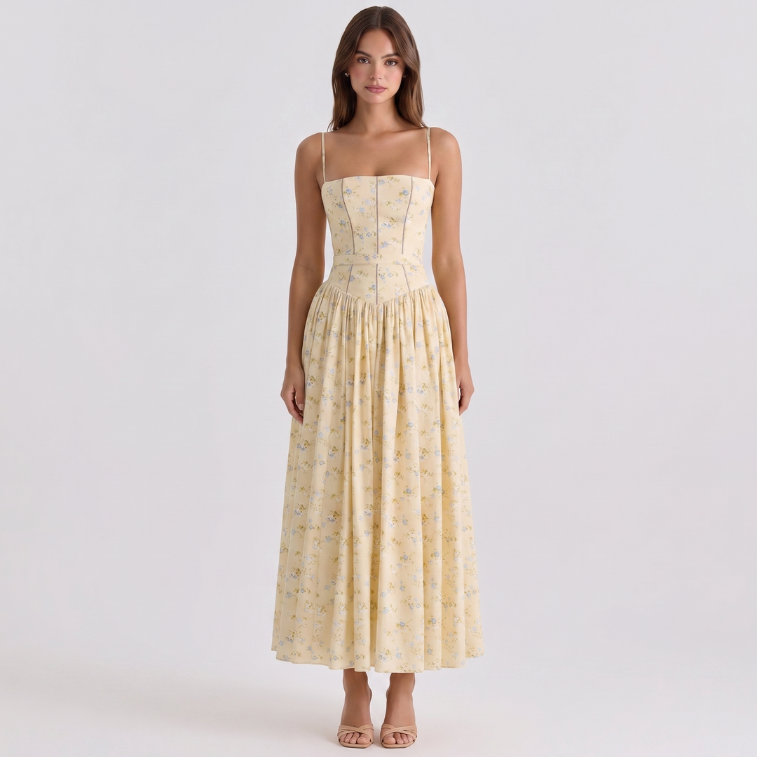 Women's Floral Print Corset Bodice Maxi Dress Spaghetti Strap Full Skirt Garden Party