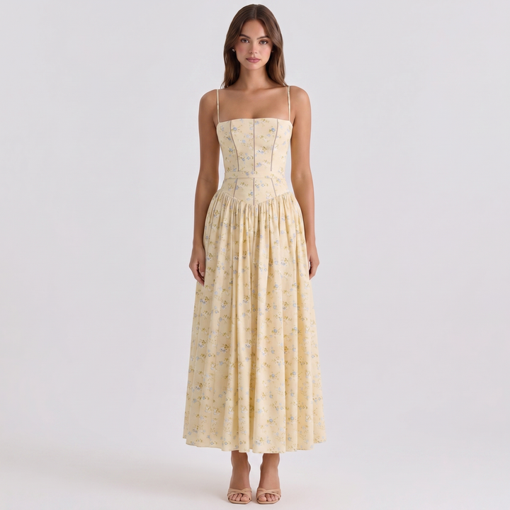 Women's Floral Print Corset Bodice Maxi Dress Spaghetti Strap Full Skirt Garden Party