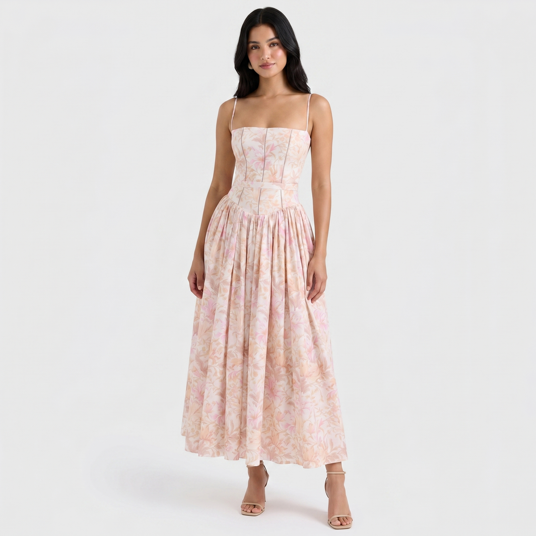 Women's Floral Print Corset Bodice Maxi Dress Spaghetti Strap Full Skirt Garden Party