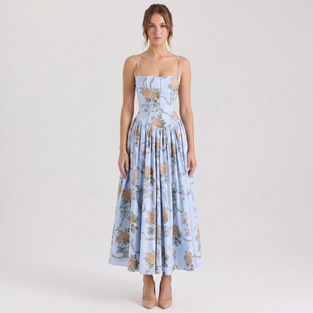 Women's Floral Print Corset Bodice Maxi Dress Spaghetti Strap Full Skirt Garden Party