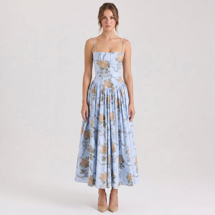 Women's Floral Print Corset Bodice Maxi Dress Spaghetti Strap Full Skirt Garden Party