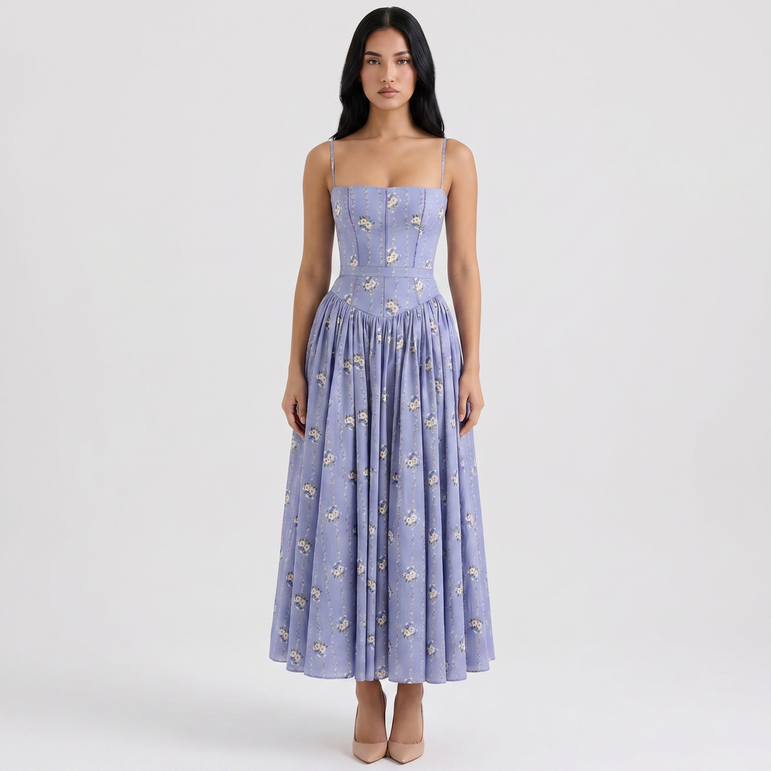 Women's Floral Print Corset Bodice Maxi Dress Spaghetti Strap Full Skirt Garden Party