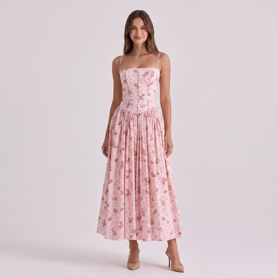 Women's Floral Print Corset Bodice Maxi Dress Spaghetti Strap Full Skirt Garden Party