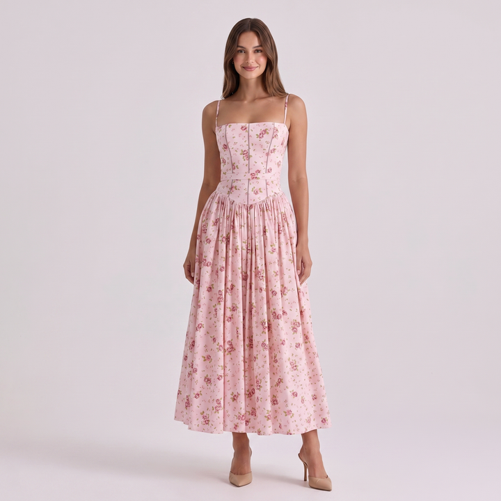 Women's Floral Print Corset Bodice Maxi Dress Spaghetti Strap Full Skirt Garden Party