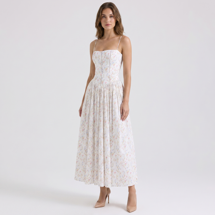 Women's Floral Print Corset Bodice Maxi Dress Spaghetti Strap Full Skirt Garden Party