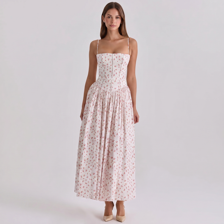 Women's Floral Print Corset Bodice Maxi Dress Spaghetti Strap Full Skirt Garden Party