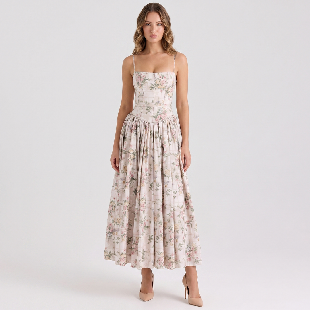 Women's Floral Print Corset Bodice Maxi Dress Spaghetti Strap Full Skirt Garden Party