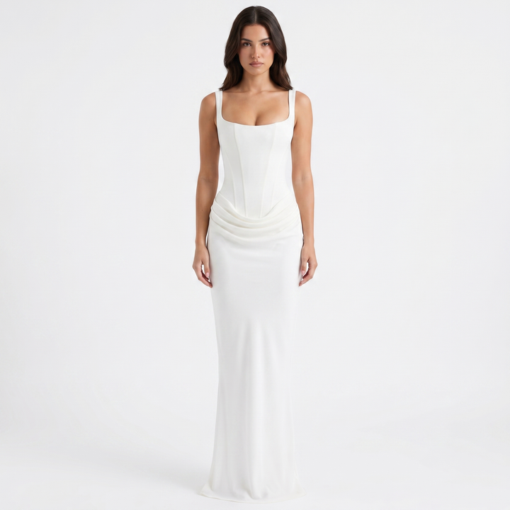 Women's Corset Bodice Satin Maxi Dress Ruched Side Sleeveless Mermaid Formal Gown