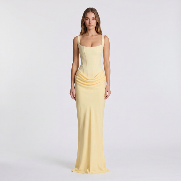 Women's Corset Bodice Satin Maxi Dress Ruched Side Sleeveless Mermaid Formal Gown