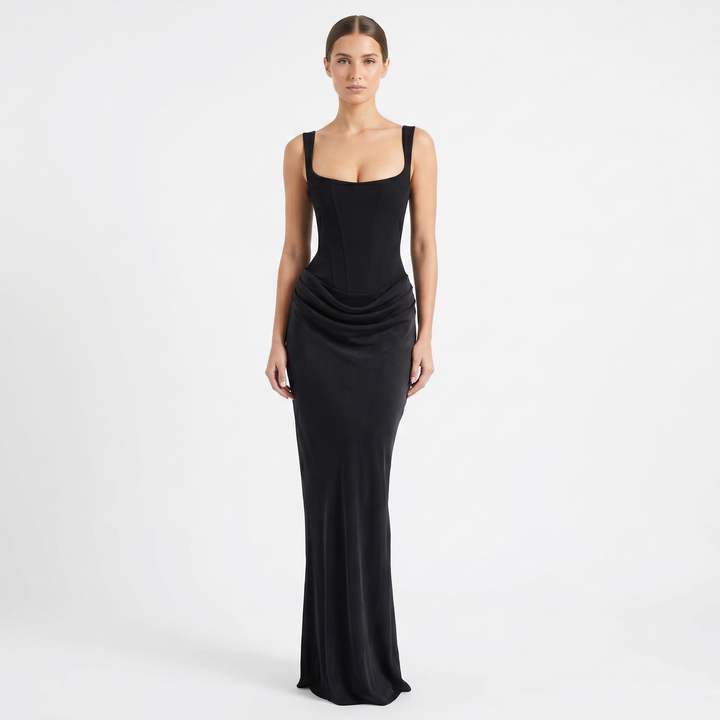 Women's Corset Bodice Satin Maxi Dress Ruched Side Sleeveless Mermaid Formal Gown