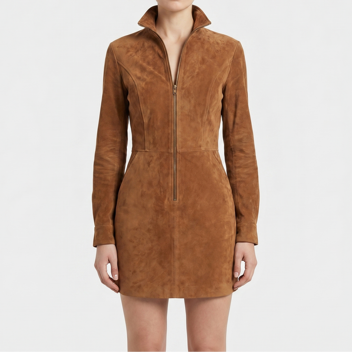 Women's Suede Long Sleeve Stand Collar Mini Dress