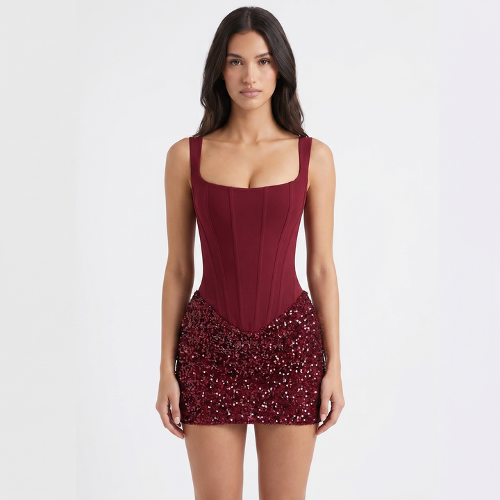 Women's Corset Bodice Sequin Mini Dress Sleeveless Square Neck Party Cocktail Dress