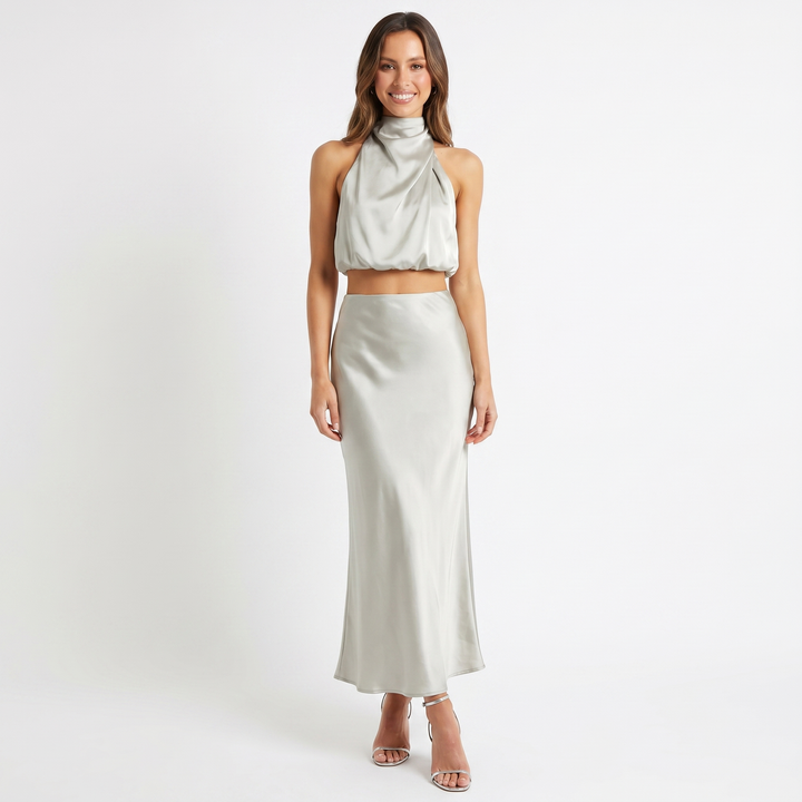Women's Satin Two Piece Set Halter Neck Crop Top Bias Cut Maxi Skirt Formal Co-Ord