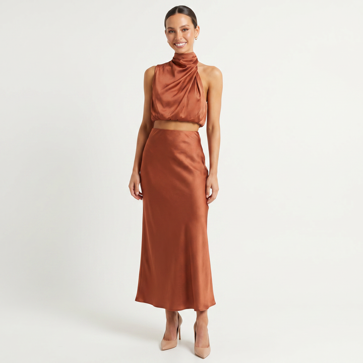 Women's Satin Two Piece Set Halter Neck Crop Top Bias Cut Maxi Skirt Formal Co-Ord