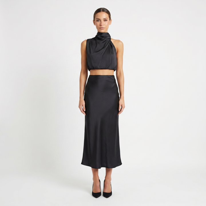 Women's Satin Two Piece Set Halter Neck Crop Top Bias Cut Maxi Skirt Formal Co-Ord