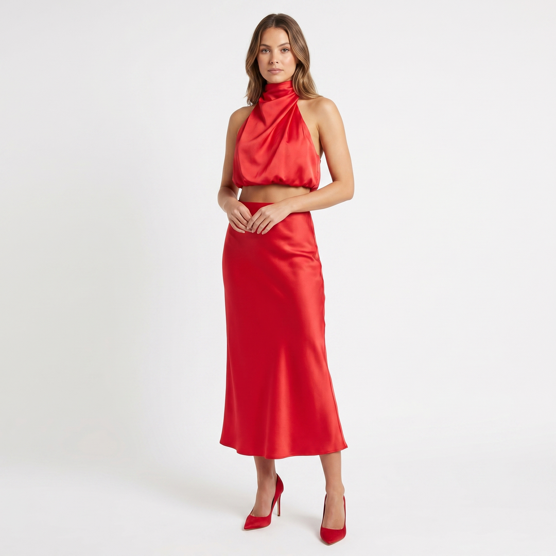Women's Satin Two Piece Set Halter Neck Crop Top Bias Cut Maxi Skirt Formal Co-Ord