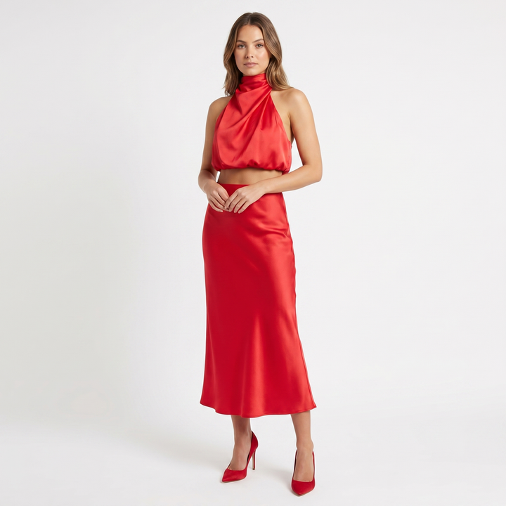 Women's Satin Two Piece Set Halter Neck Crop Top Bias Cut Maxi Skirt Formal Co-Ord