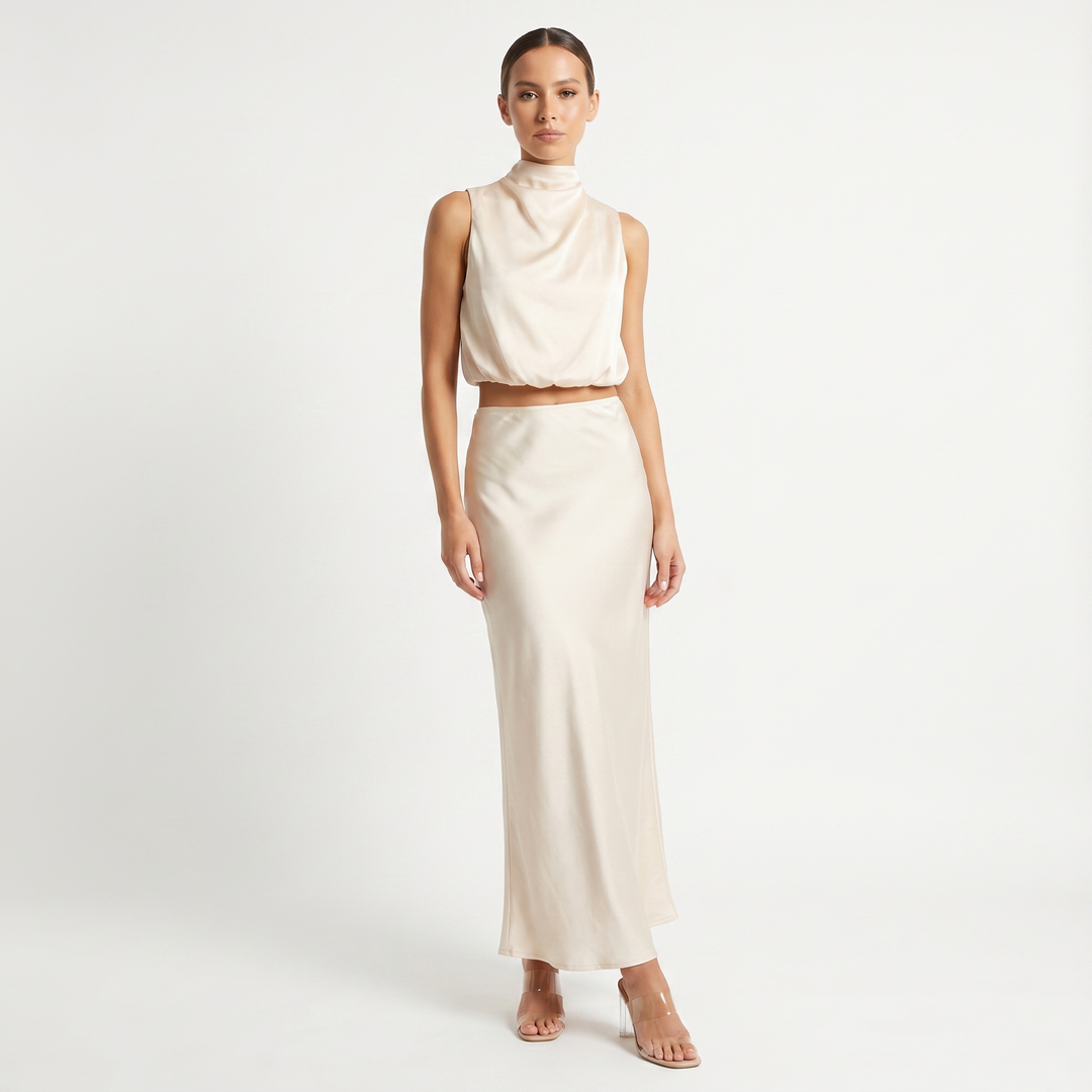Women's Satin Two Piece Set Halter Neck Crop Top Bias Cut Maxi Skirt Formal Co-Ord
