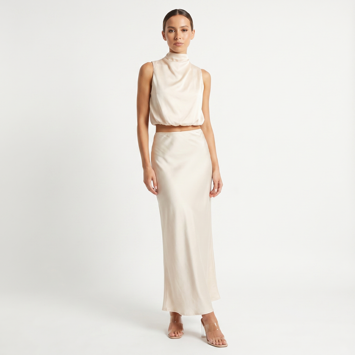Women's Satin Two Piece Set Halter Neck Crop Top Bias Cut Maxi Skirt Formal Co-Ord