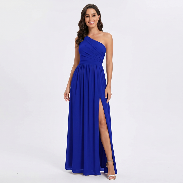 Women's One Shoulder Chiffon Maxi Dress Ruched Bodice High Split Bridesmaid Evening Gown