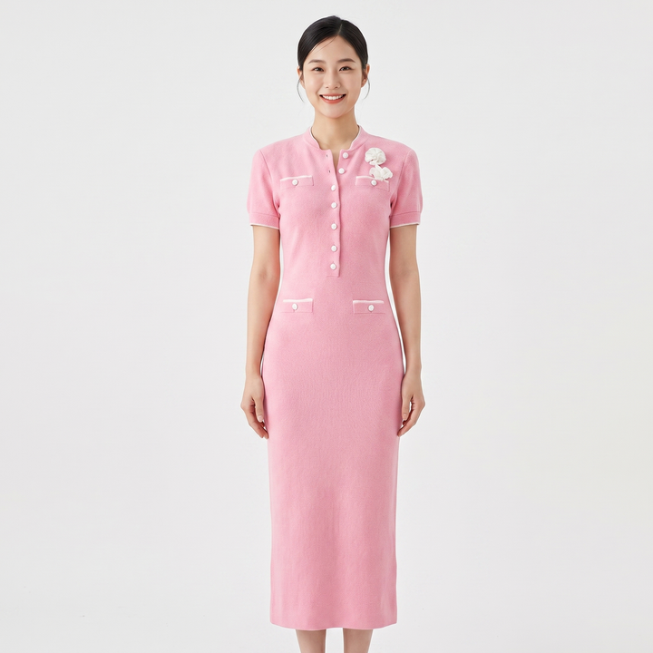 Women's Knit Button Front Midi Dress Short Sleeve Contrast Trim Floral Corsage Elegant