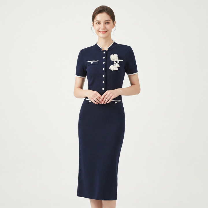 Women's Knit Button Front Midi Dress Short Sleeve Contrast Trim Floral Corsage Elegant