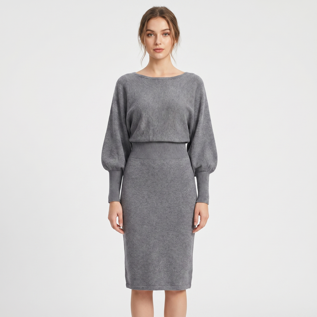 Women's Knit Batwing Sleeve Midi Dress Blouson Bodice Ribbed Bodycon Elegant