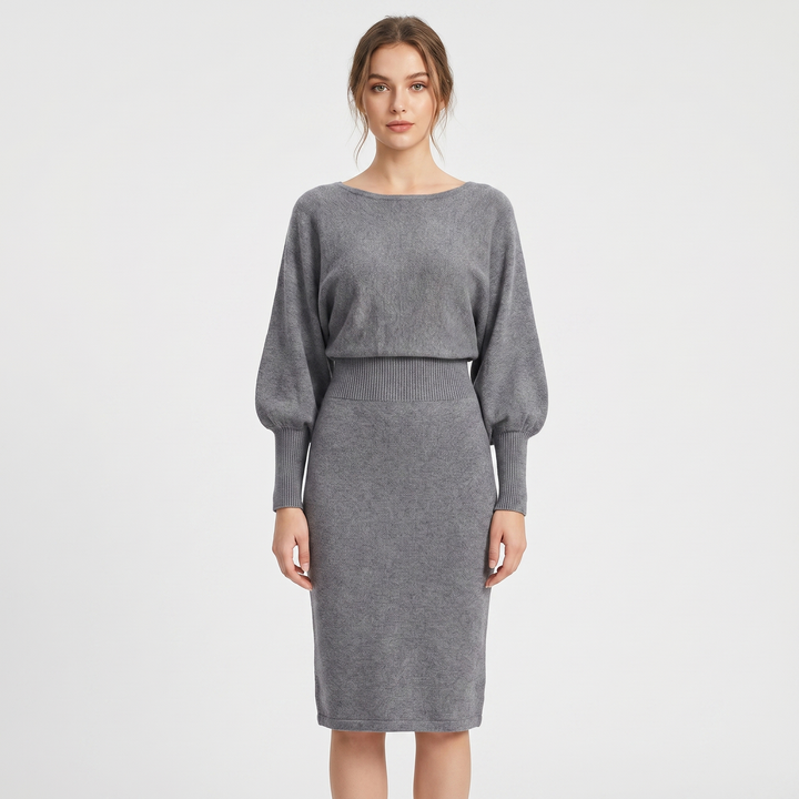 Women's Knit Batwing Sleeve Midi Dress Blouson Bodice Ribbed Bodycon Elegant