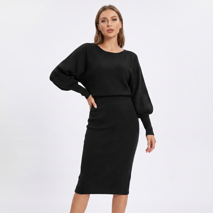 Women's Knit Batwing Sleeve Midi Dress Blouson Bodice Ribbed Bodycon Elegant