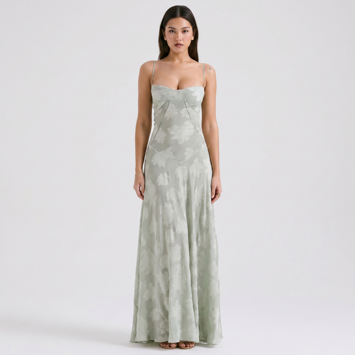 Women's Spaghetti Strap Corset Panel Maxi Dress A-Line Satin Formal Wedding Guest Gown