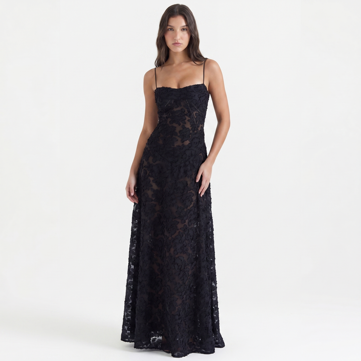 Women's Spaghetti Strap Corset Panel Maxi Dress A-Line Satin Formal Wedding Guest Gown