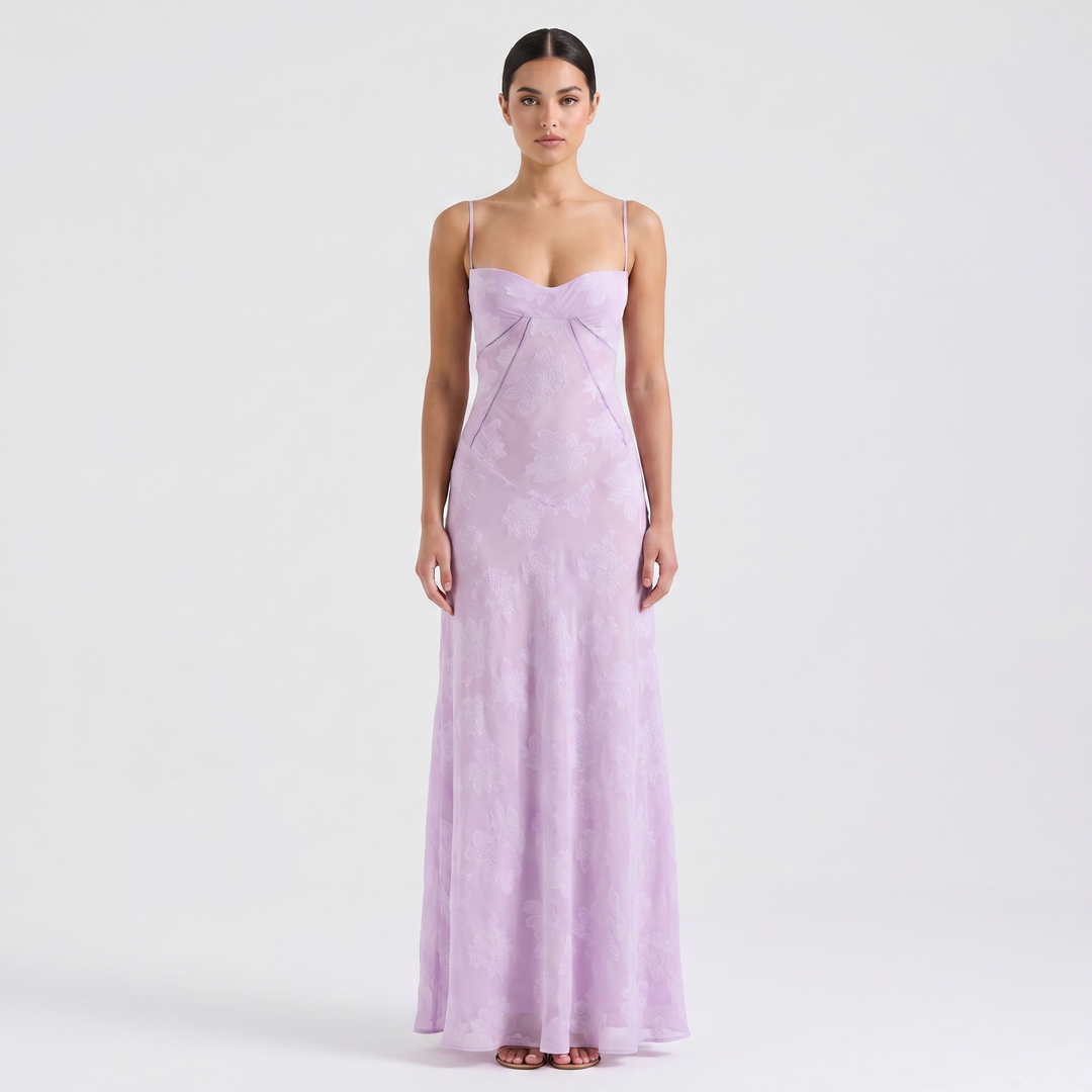 Women's Spaghetti Strap Corset Panel Maxi Dress A-Line Satin Formal Wedding Guest Gown