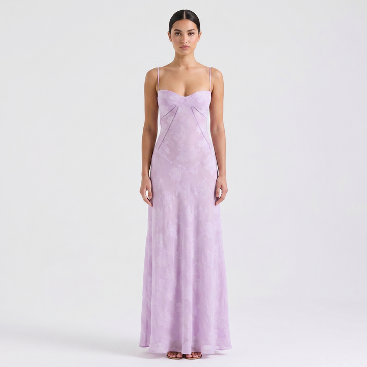 Women's Spaghetti Strap Corset Panel Maxi Dress A-Line Satin Formal Wedding Guest Gown