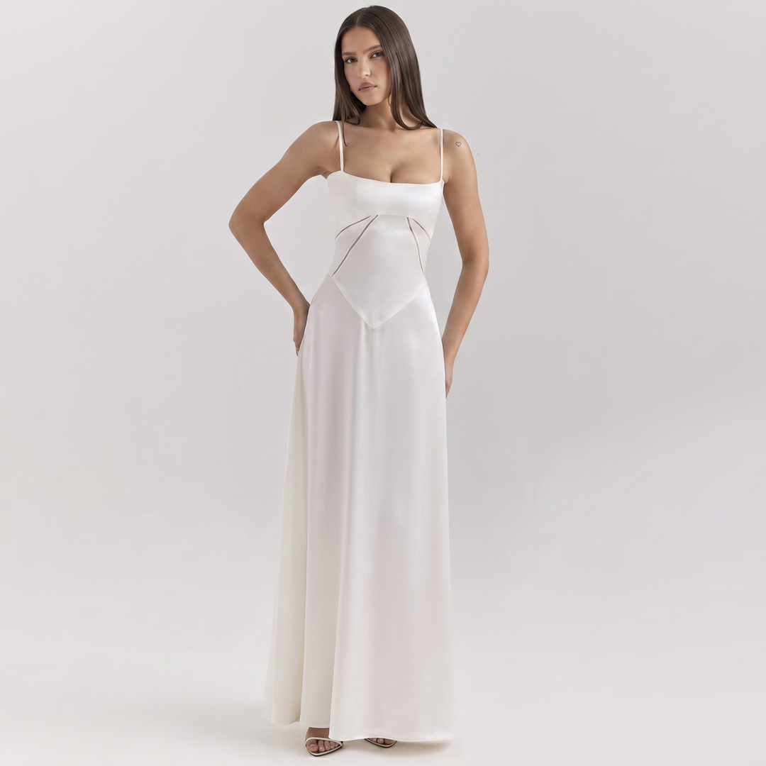 Women's Spaghetti Strap Corset Panel Maxi Dress A-Line Satin Formal Wedding Guest Gown