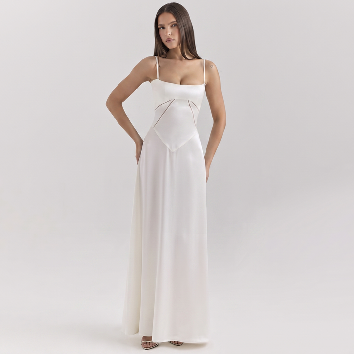 Women's Spaghetti Strap Corset Panel Maxi Dress A-Line Satin Formal Wedding Guest Gown