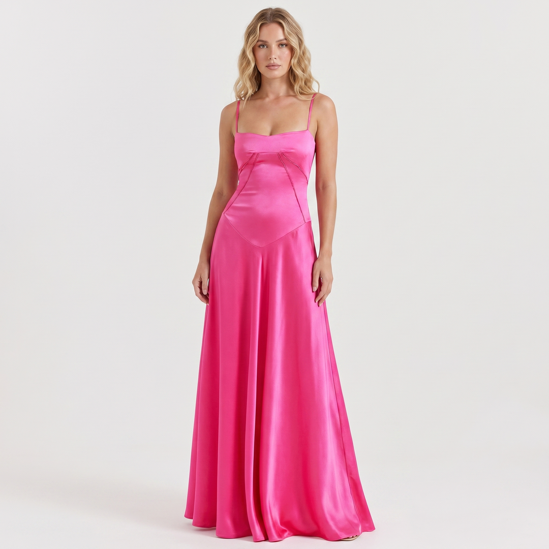 Women's Spaghetti Strap Corset Panel Maxi Dress A-Line Satin Formal Wedding Guest Gown