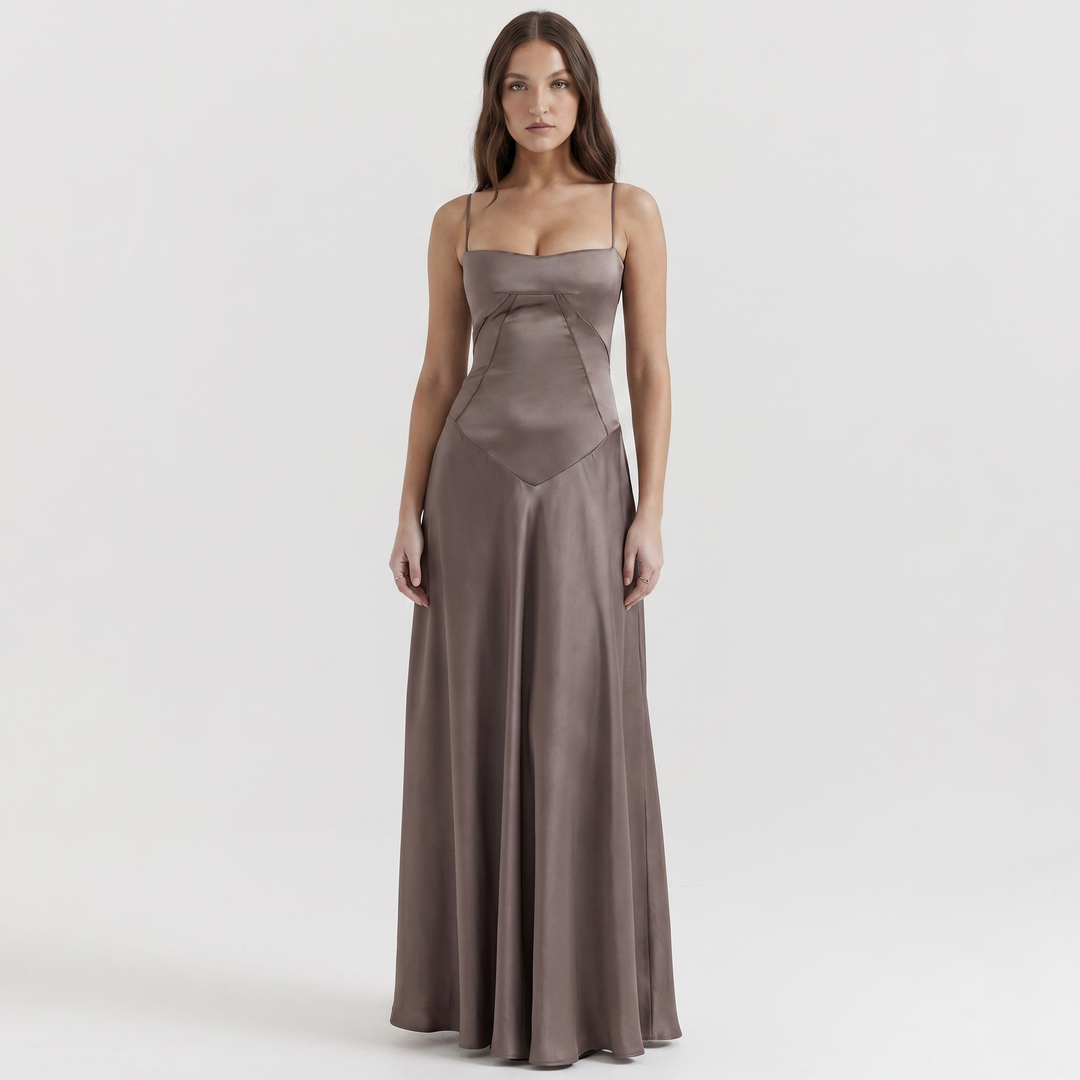 Women's Spaghetti Strap Corset Panel Maxi Dress A-Line Satin Formal Wedding Guest Gown