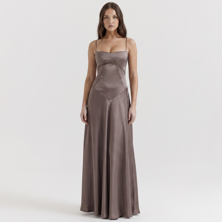 Women's Spaghetti Strap Corset Panel Maxi Dress A-Line Satin Formal Wedding Guest Gown