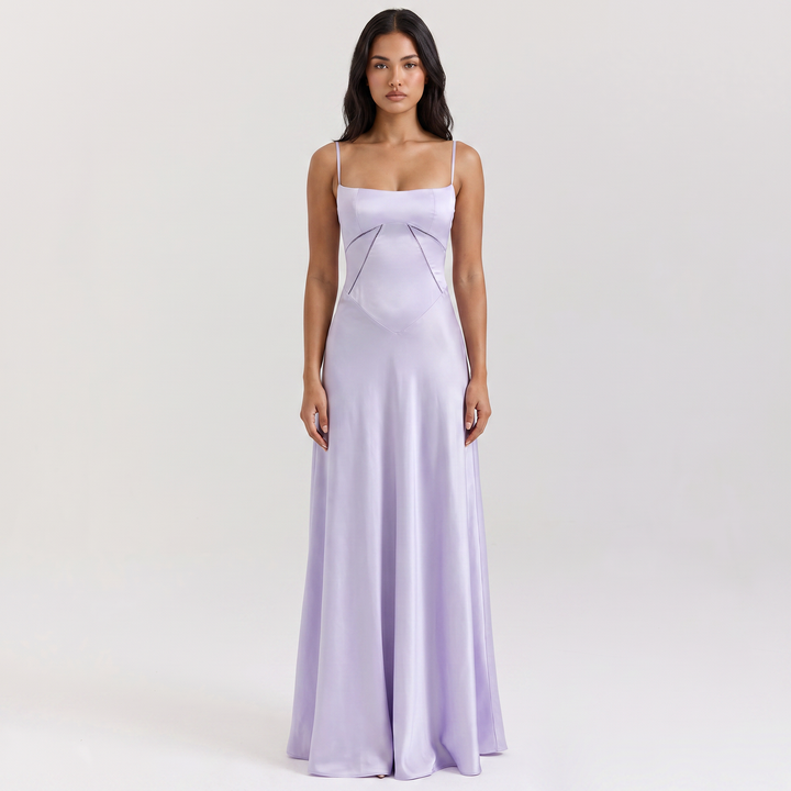 Women's Spaghetti Strap Corset Panel Maxi Dress A-Line Satin Formal Wedding Guest Gown