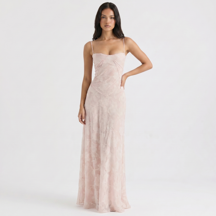 Women's Spaghetti Strap Corset Panel Maxi Dress A-Line Satin Formal Wedding Guest Gown
