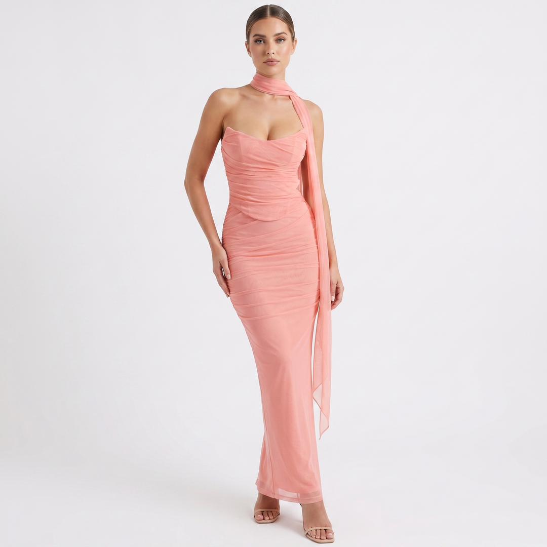 Women's Mesh Ruched Bodycon Maxi Dress Scarf Neck Sweetheart Formal Evening Gown