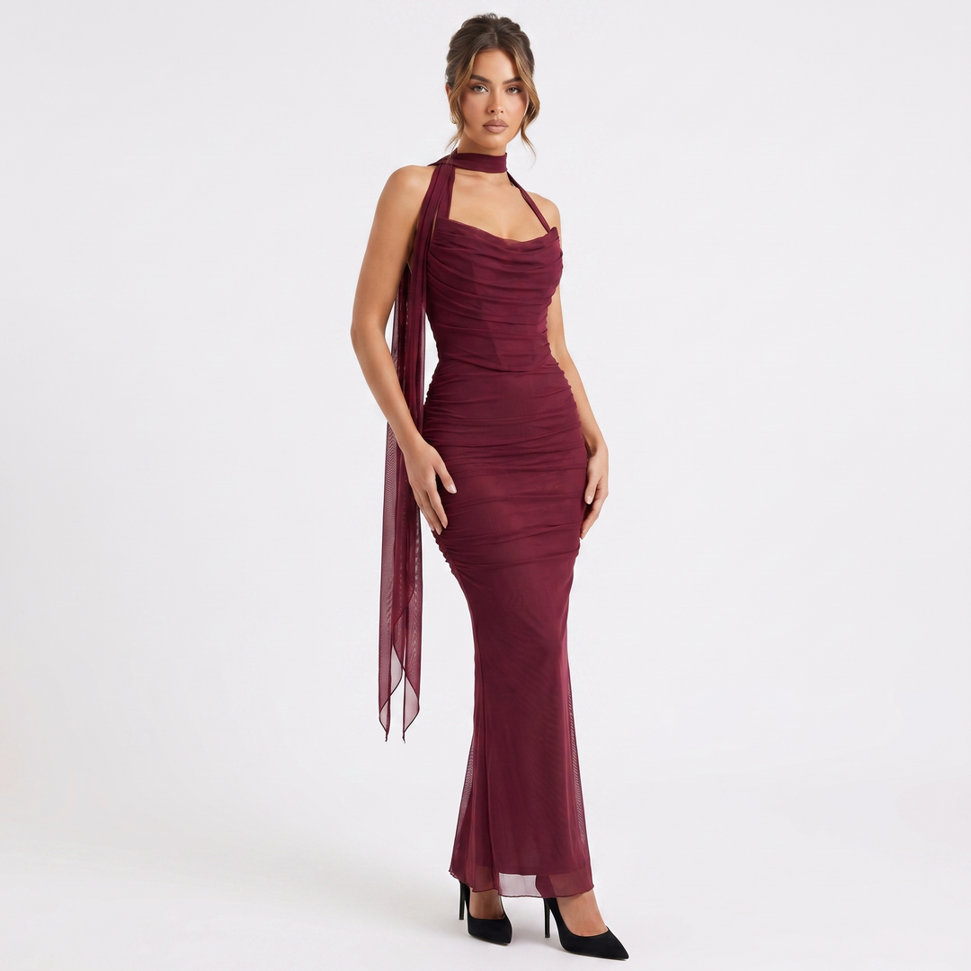 Women's Mesh Ruched Bodycon Maxi Dress Scarf Neck Sweetheart Formal Evening Gown