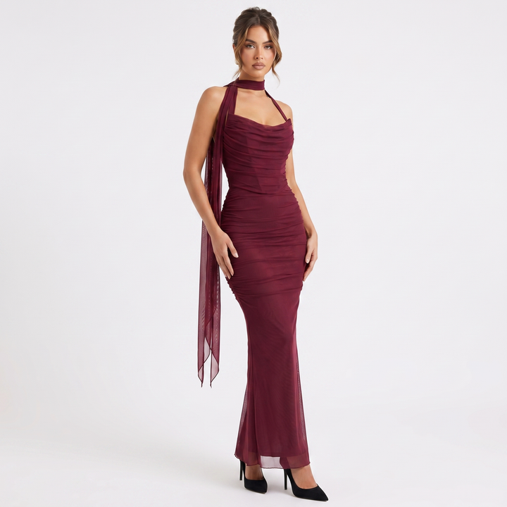 Women's Mesh Ruched Bodycon Maxi Dress Scarf Neck Sweetheart Formal Evening Gown